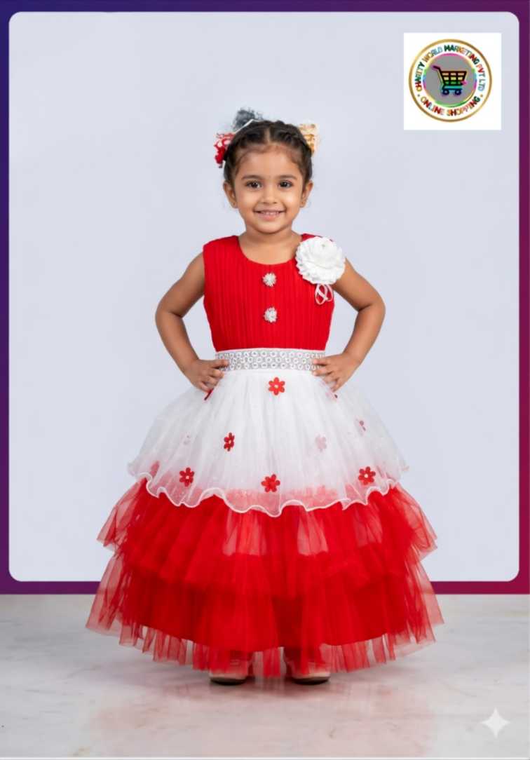 Girls Red & White Layered Net Frock with Flower Work | Christmas Party Dress | Birthday Princess Gow