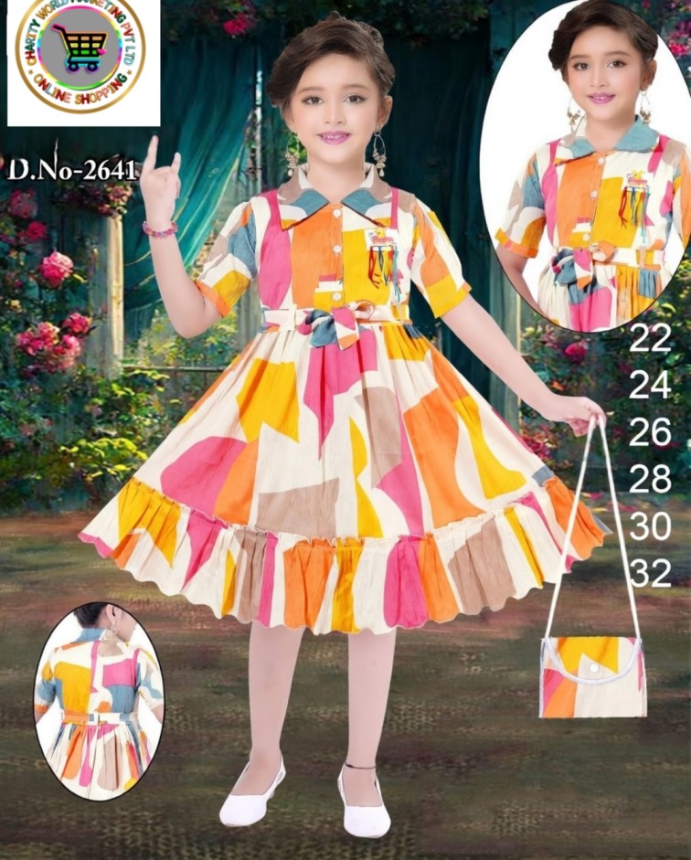 Girls Multicolor Abstract Print Cotton Frock with Sling Bag | Western Party Wear Dress D.No-2641 | A