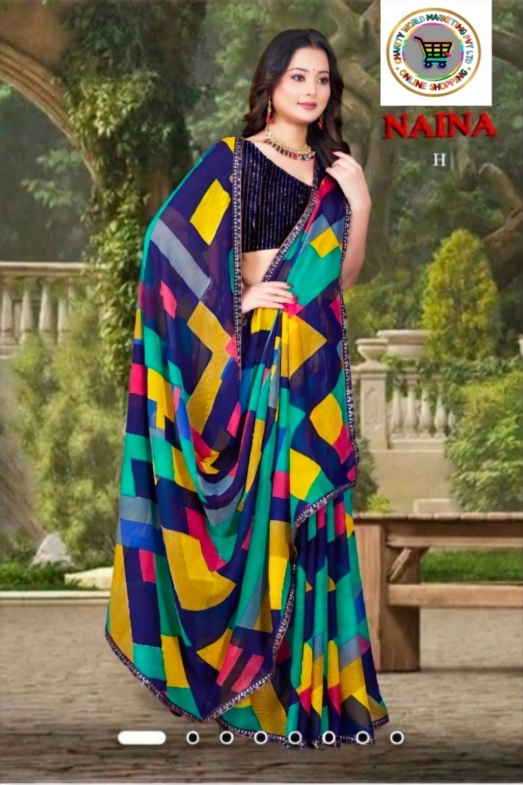 Women Multicolor Geometric Print Georgette Saree with Sequence Blouse | Party Wear NAINA H
