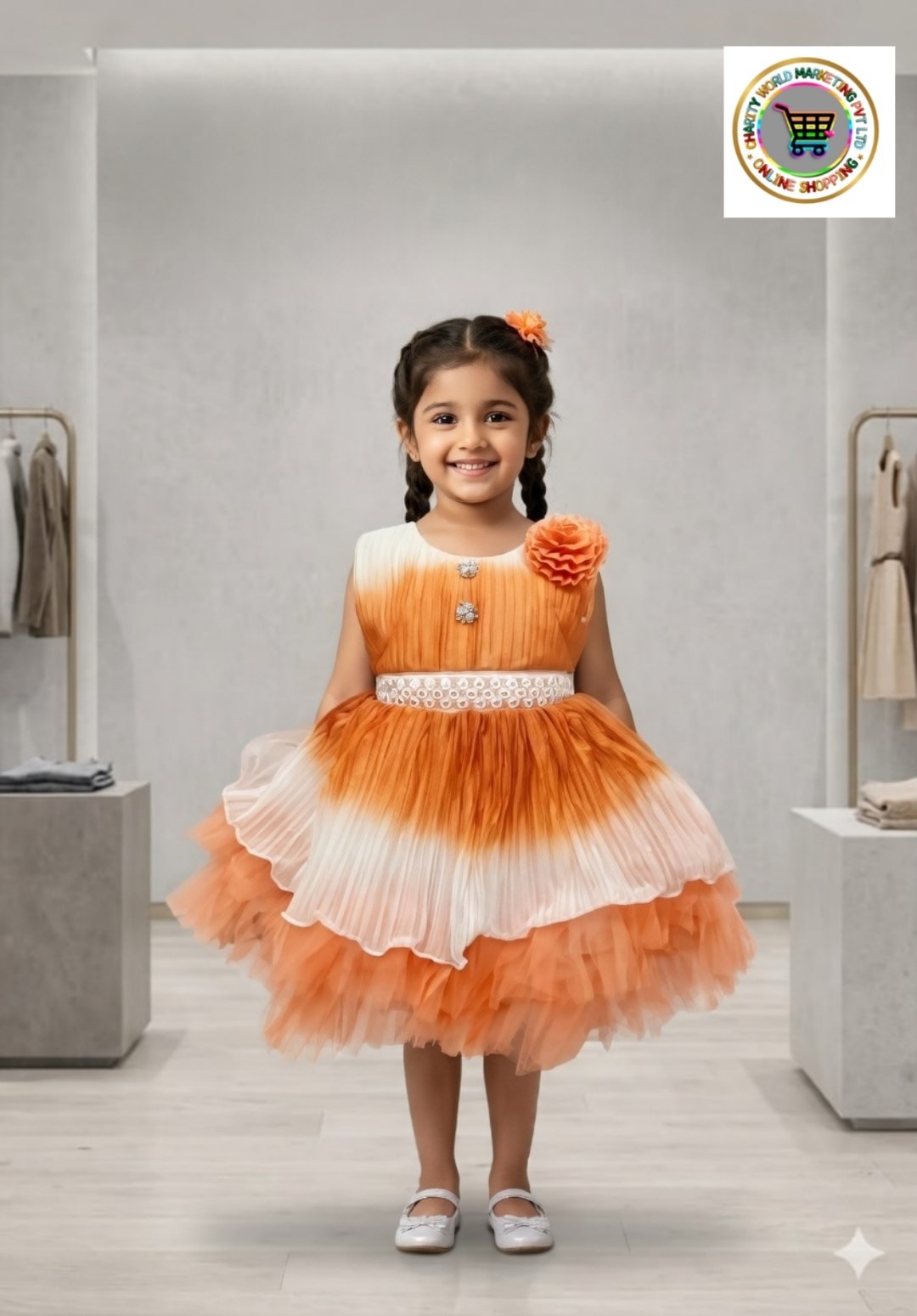 Girls Orange White Ombre Pleated Net Frock with Flower Work | Designer Birthday Party Dress | Age 1-