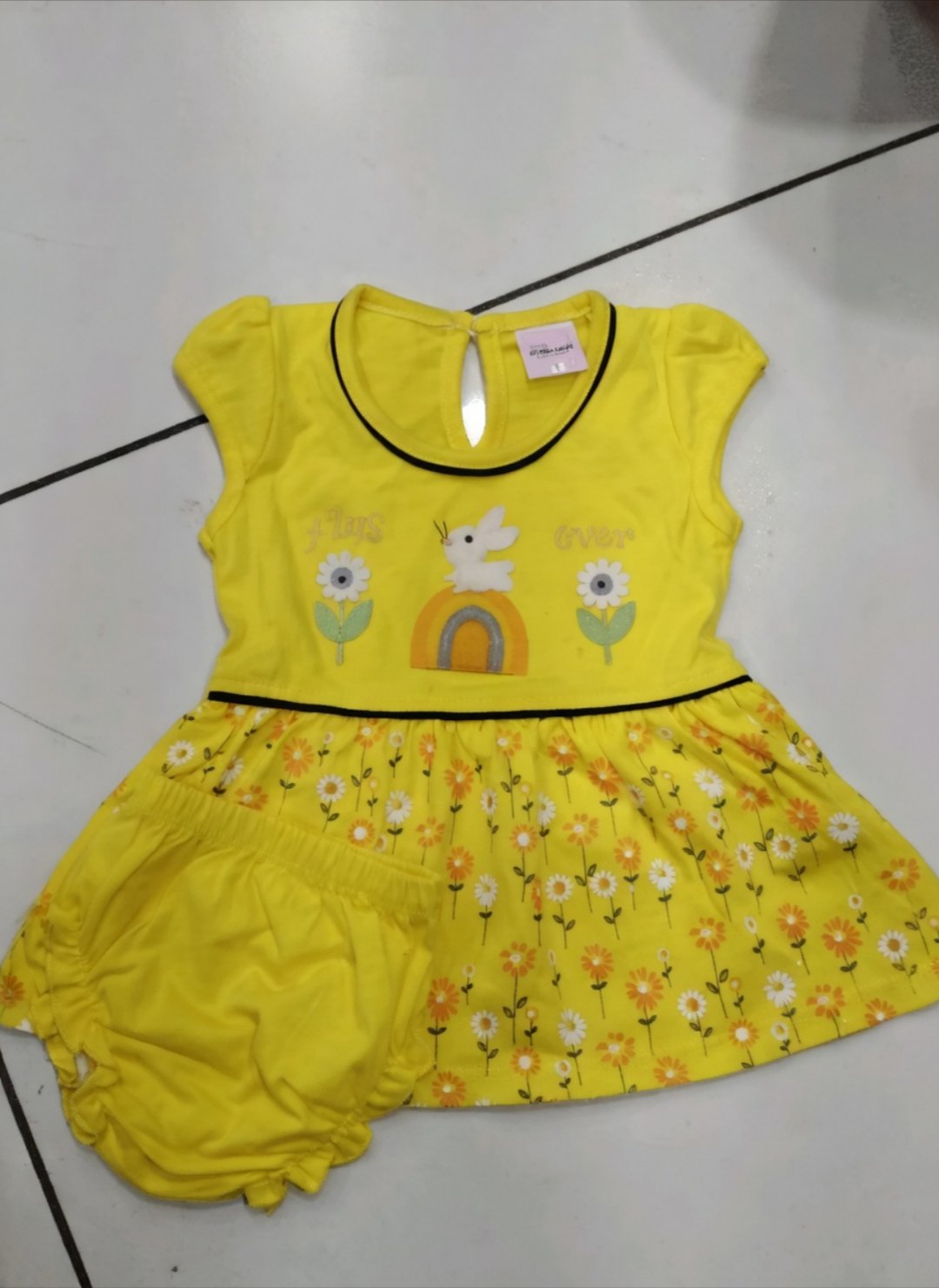 Baby Girl Frock with Bloomer Set | Cotton Hosiery Summer Dress | 6-24 Months Bunny Print Frock | Yel